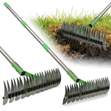 Heavy Duty Thatch Rake for Lawns - 13” Deep-Clean Dethatching Rake for Dead Grass & Moss Removal, Dual-Sided Manual Dethatcher and Scarifier Tool, 65" Long Metal Handle for Garden Yard Lawn Care