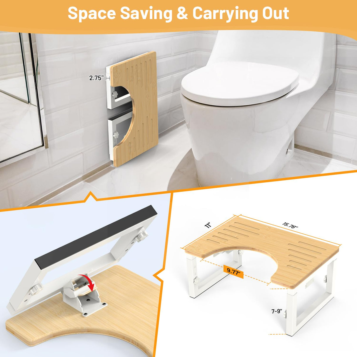 Bamboo Toilet Stool Foldable, 7 in, 8 in Or 9 in Adjustable Height Squat Stool Potty for Adults Kids, Sturdy Poop Step Stool for Bathroom, Improve Squatting Posture, Non-Slip,500 lbs Capability