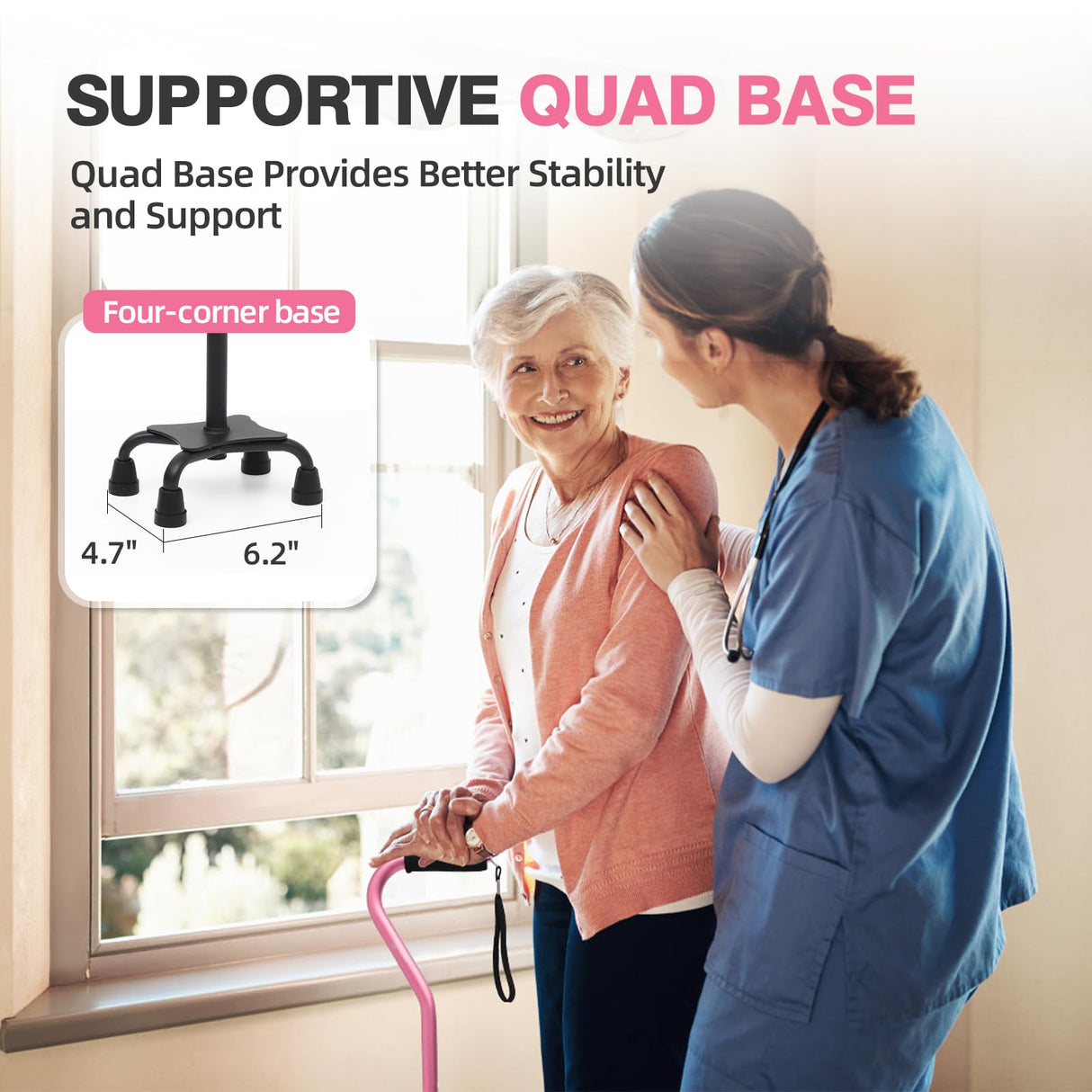 BeneCane Quad Cane Adjustable Walking Cane with Offset Soft Cushioned Handle for Men & Women Lightweight Comfortable with 4-Pronged feet for Extra Stability(Pink)