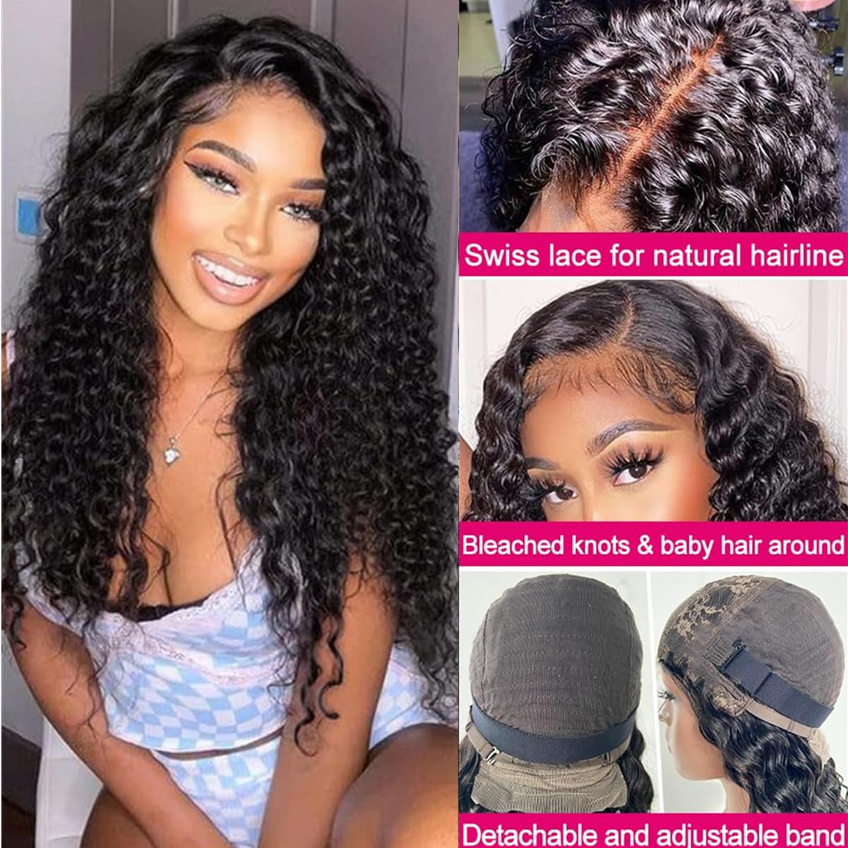 Josblue Deep Wave Lace Front Wigs Human Hair 180% Density 4x4 HD Transparent Lace Closuret Wet and Wavy Human Wigs for Black Women Pre Plucked with Baby Hair Nature Color