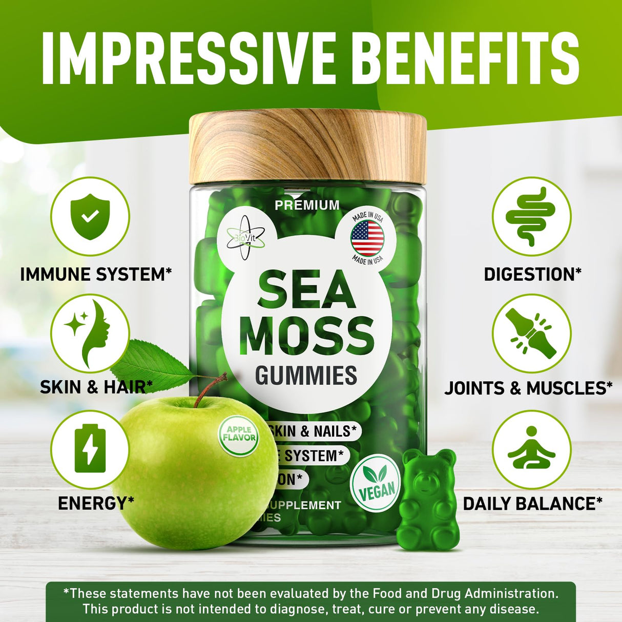 BioVit Sea Moss Gummies - Wildcrafted Irish Sea Moss for Adults & Kids - Seamoss Gel with Bladderwrack & Burdock Root Extract - 60 Vegan Gummies