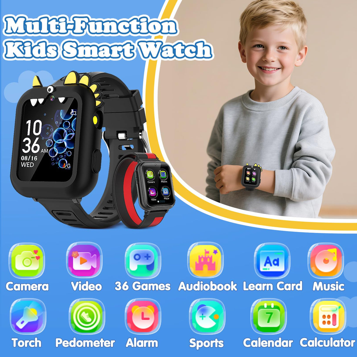 Kids Smart Watch Boys Gift Age 3-12 with 39 Games Alarm Clock Camera Video Music Player Pedometer Flashlight 12/24 hr HD Touch Screen Kids Watch Christmas Birthday Toys for Boys Ages 4 5 6 7 8 9 10