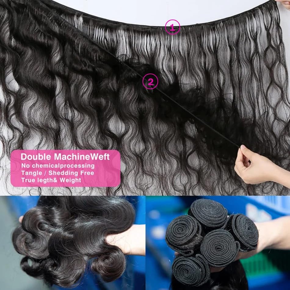Body Wave Bundles with Closure Human Hair 16 18 20+14 Inch Human Hair Bundles with Closure 100% Brazilian Virgin Body Wave 3 Bundles Human Hair with 4x4 Lace Closure Natural Black