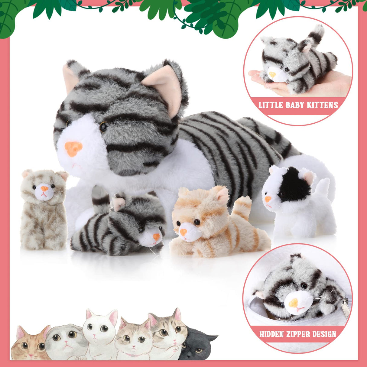 Skylety 5 Pieces Cat Stuffed Animal with Babies Inside Belly Plush Cat Pregnant Mommy Kitty with 4 Cute Fluffy Stuffed Kittens Christmas Birthday Surprise Gifts(Gray)