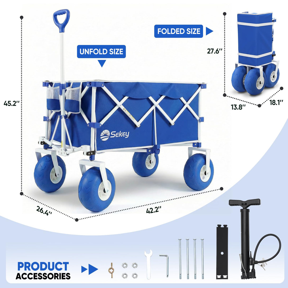 Sekey Heavy Duty Beach Wagon with 9" Big Sand-Proof Wheels – 600lb Capacity, 200L Oversized Foldable Cart | Adjustable Handle & All-Terrain Tires for Sand, Camping