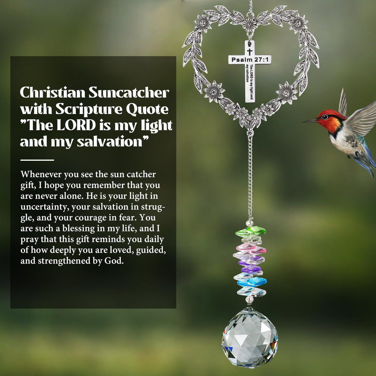 Elivida Christian Gifts for Women, Heart-Shaped Suncatcher with Cross - Religious Birthday Ornament with Scripture The Lord is My Light and My Salvation - Inspirational Catholic Spiritual Gifts