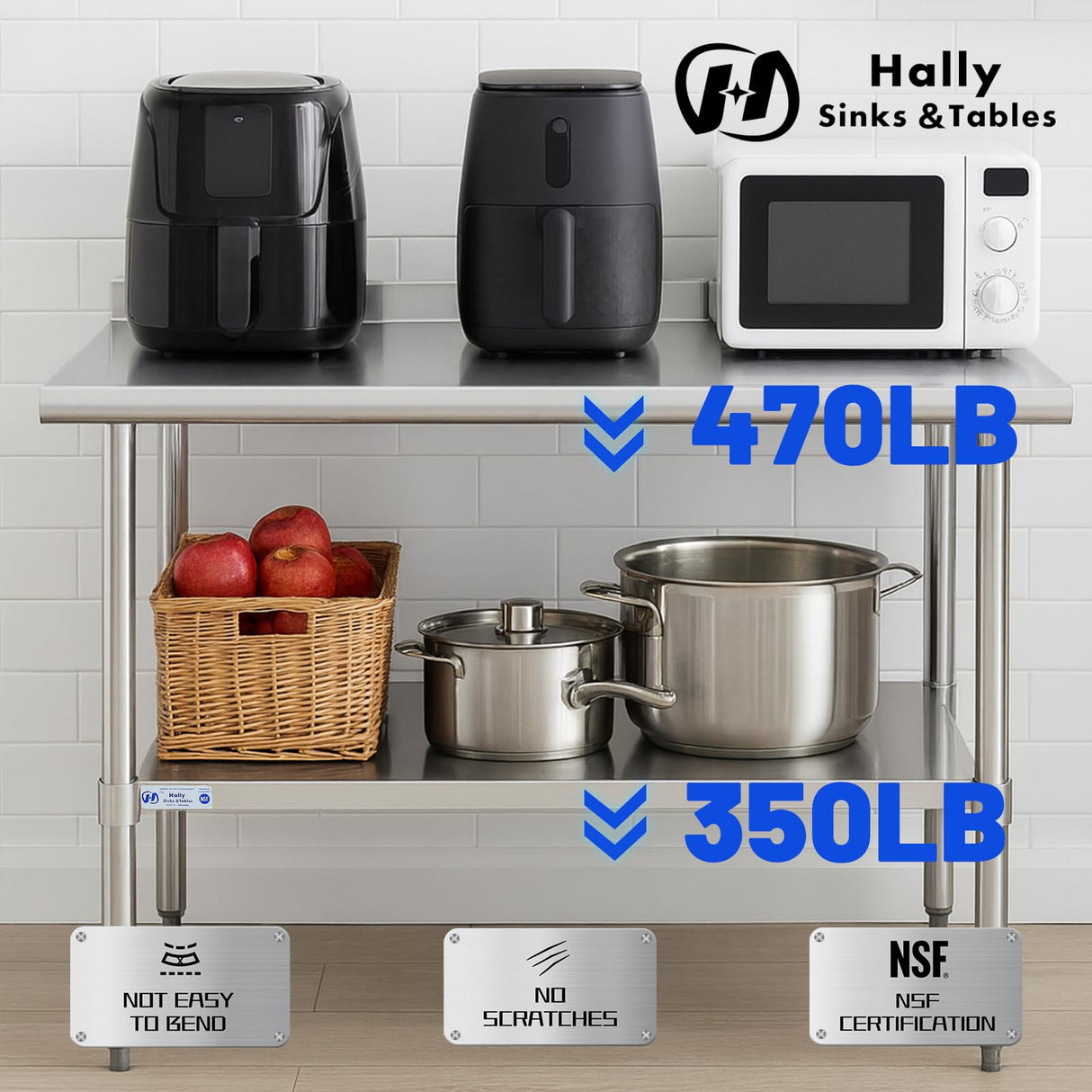 Hally Stainless Steel Table for Prep & Work 30 x 36 Inches, NSF Commercial Heavy Duty Table with Undershelf and Backsplash for Restaurant, Home and Hotel