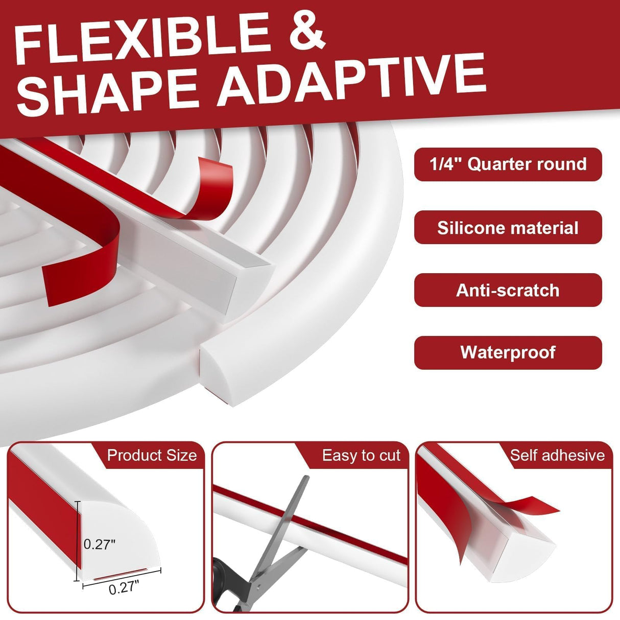 0.25" x 0.25" Mini Quarter Round Molding, 10FT Ultra-Slim Peel and Stick Trim for Small Gaps, Countertop Wall Seam, Window Sill, Desk & Cabinet Edge, Flexible Self Adhesive Finishing Strip