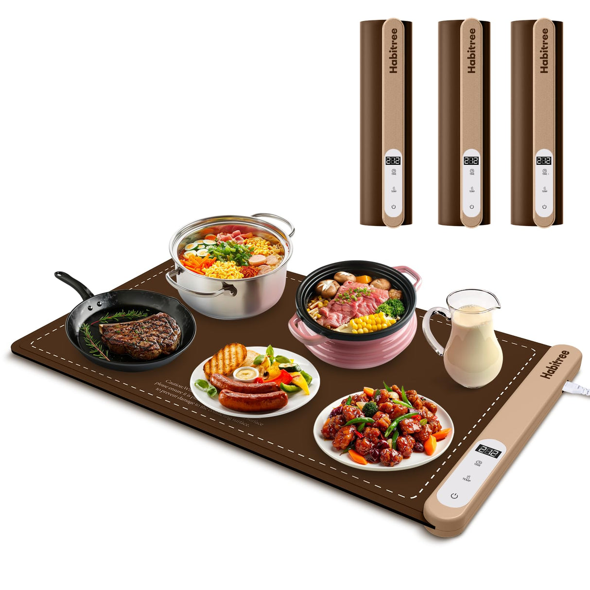 3-Pack Silicone Food Warming Mat & Food Warmers for Parties Buffet - Rapid Heating 6-Level Temp Control, Rollable Portable Easy Clean - Value Set for Gatherings & Home Daily Use（Brown）