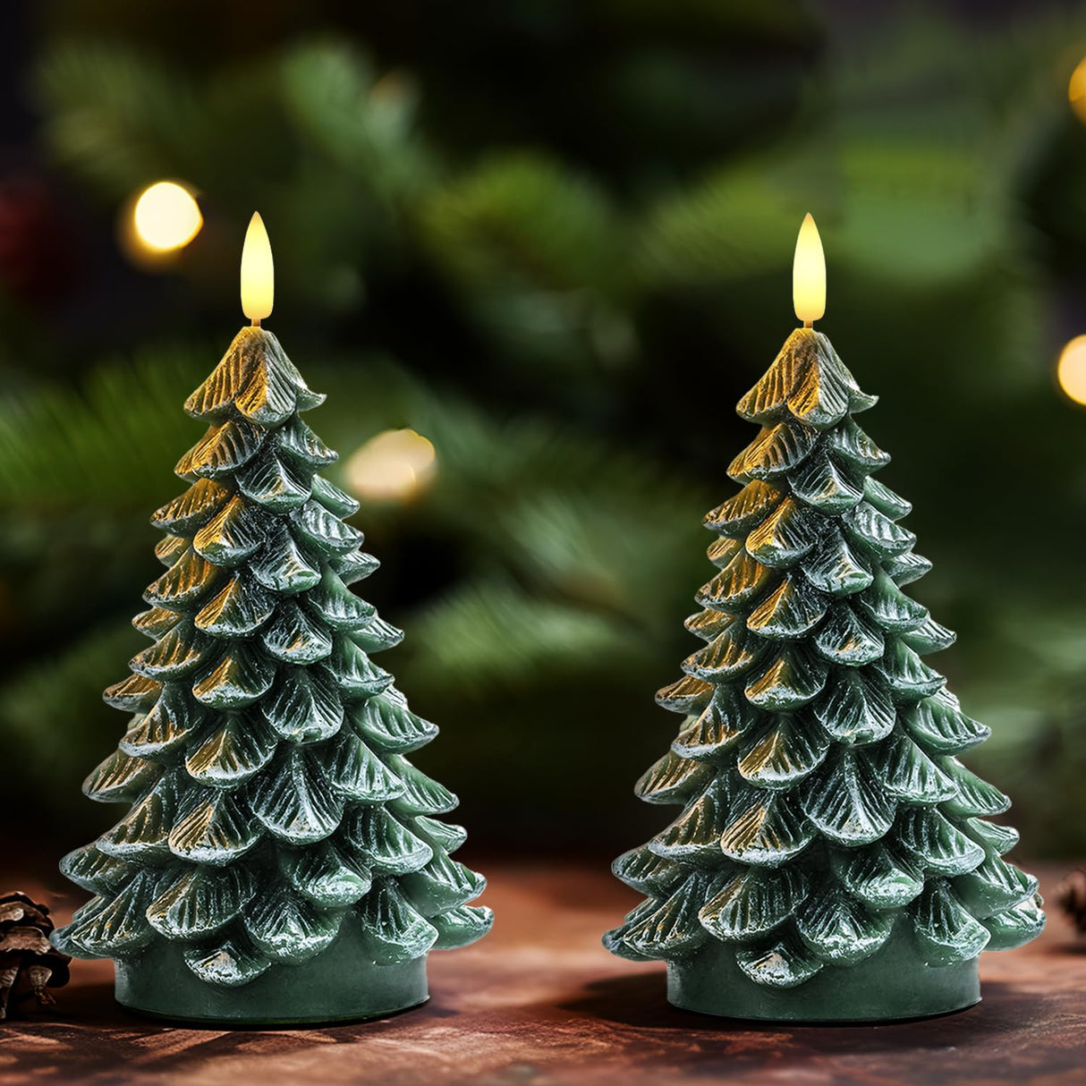 Homemory Christmas Tree Candles with 6 Hours Timer, 2 Pcs Waxy LED Flameless Candles Flickering, Green Electric Candles Battery Operated for New Year Celebration Holiday Decorations 8.5 Inches