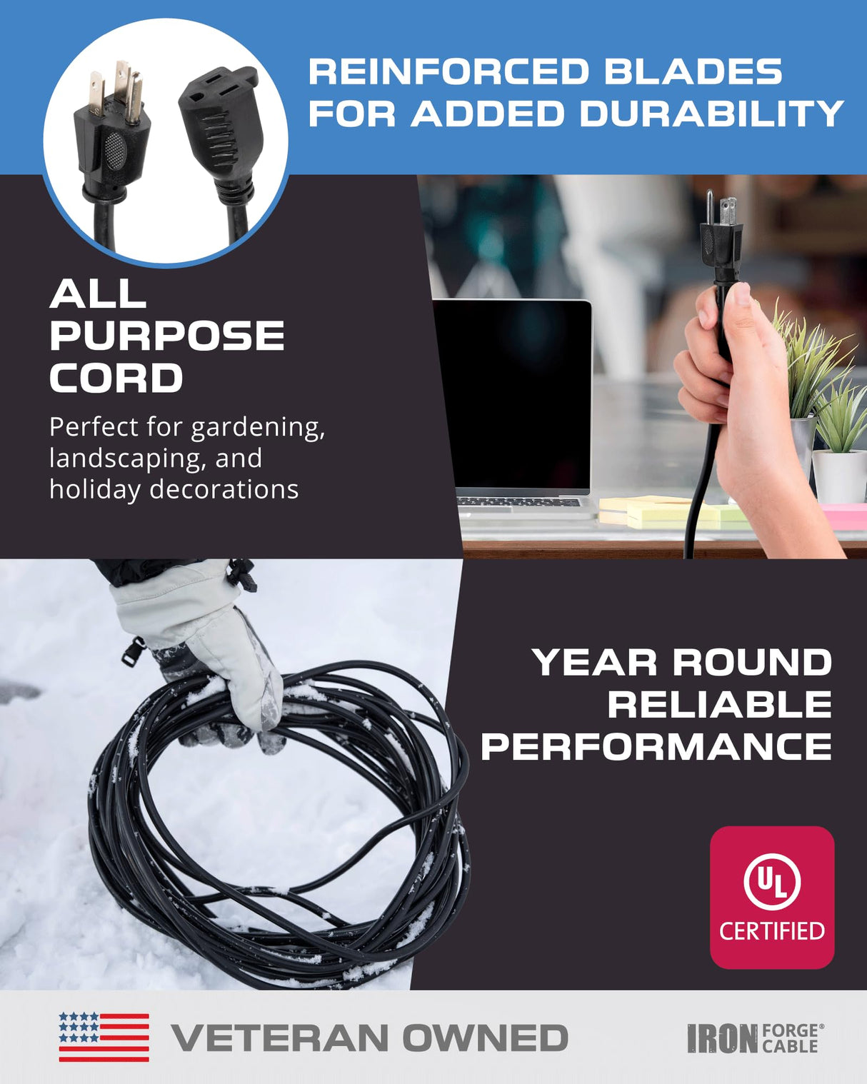 Iron Forge Cable Black Outdoor Extension Cord 50 ft, 16/3, 50 Foot Outdoor Extension Cord, 3 Prong, Weatherproof - Great for Outside Use