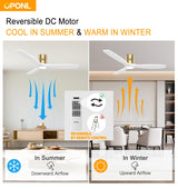 OPONL White Wood Ceiling Fan with Light 52inch, Low Profile, Remote Control, Noiseless, Reversible, 6CCT, Dimmable, 6 speeds, Timeable, Flush Mount Ceiling Fans with Lights for Living Room