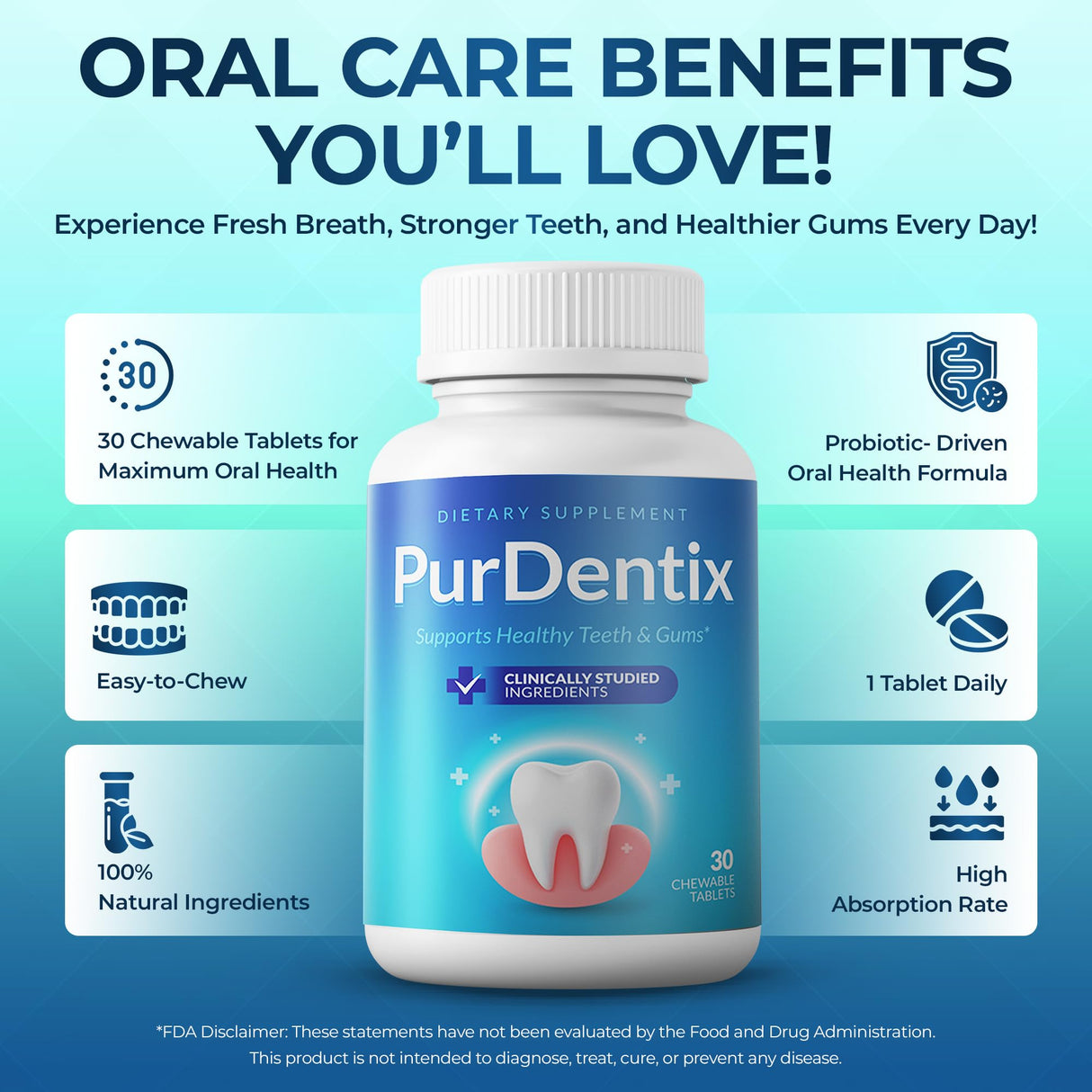 PurDentix Oral Health Probiotic – 4-Strain Formula for Healthy Gums, Teeth & Fresh Breath – 30 Chewable Tablets