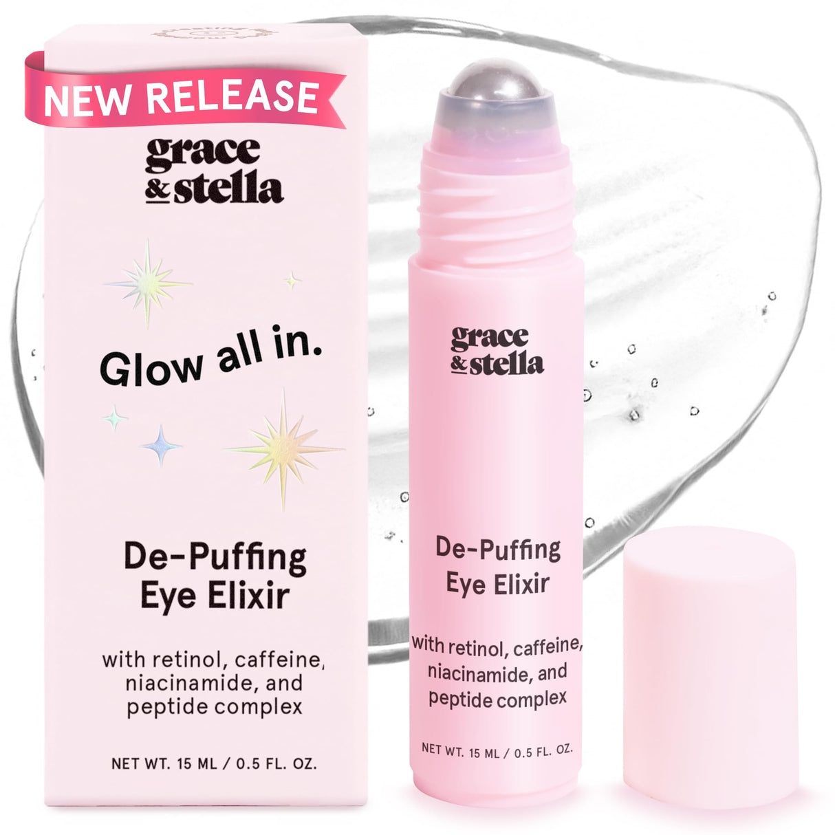 grace & stella Award Winning Under Eye Brightener Roller - Airplane Travel Essentials - Retinol & Caffeine Eye Serum for Puffiness, Dark Circles, Wrinkles - Vegan Skincare (15ml / 0.51floz)