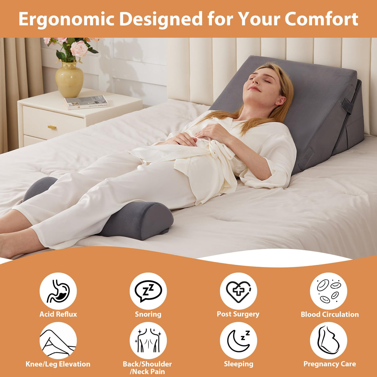 3PCS Wedge Pillow for Acid Reflux Relief, Adjustable Wedge Pillow Headboard, Bed Wedges Pillow for Back Pain Relief, Sleeping, Post Surgery, Back Support Pillows for Sitting Up, Snoring, Plush Grey