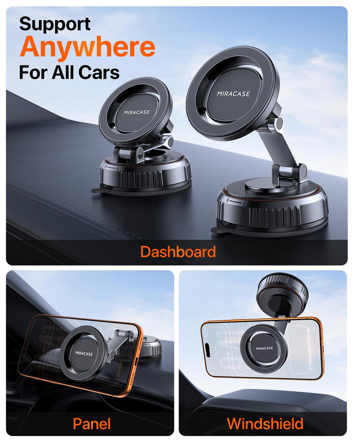 Miracase for MagSafe Car Mount[3800gf Strong Magnet & 90+LBS Suction Base]Magnetic Phone Holders for Your Car, 360° Adjustable Dash& Windshield Wall Mount with Adhesive Suction Cup for All Smartphones