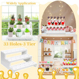 KHayRovies 2Pcs Wood Cake Pop Display Stand, White Lollipop Holder 3 Tier with Twist Ties Lollipop Sticks, 33 Holes Sucker Storage Rack for Dessert Table of Wedding Birthday Party Christmas Day (B)