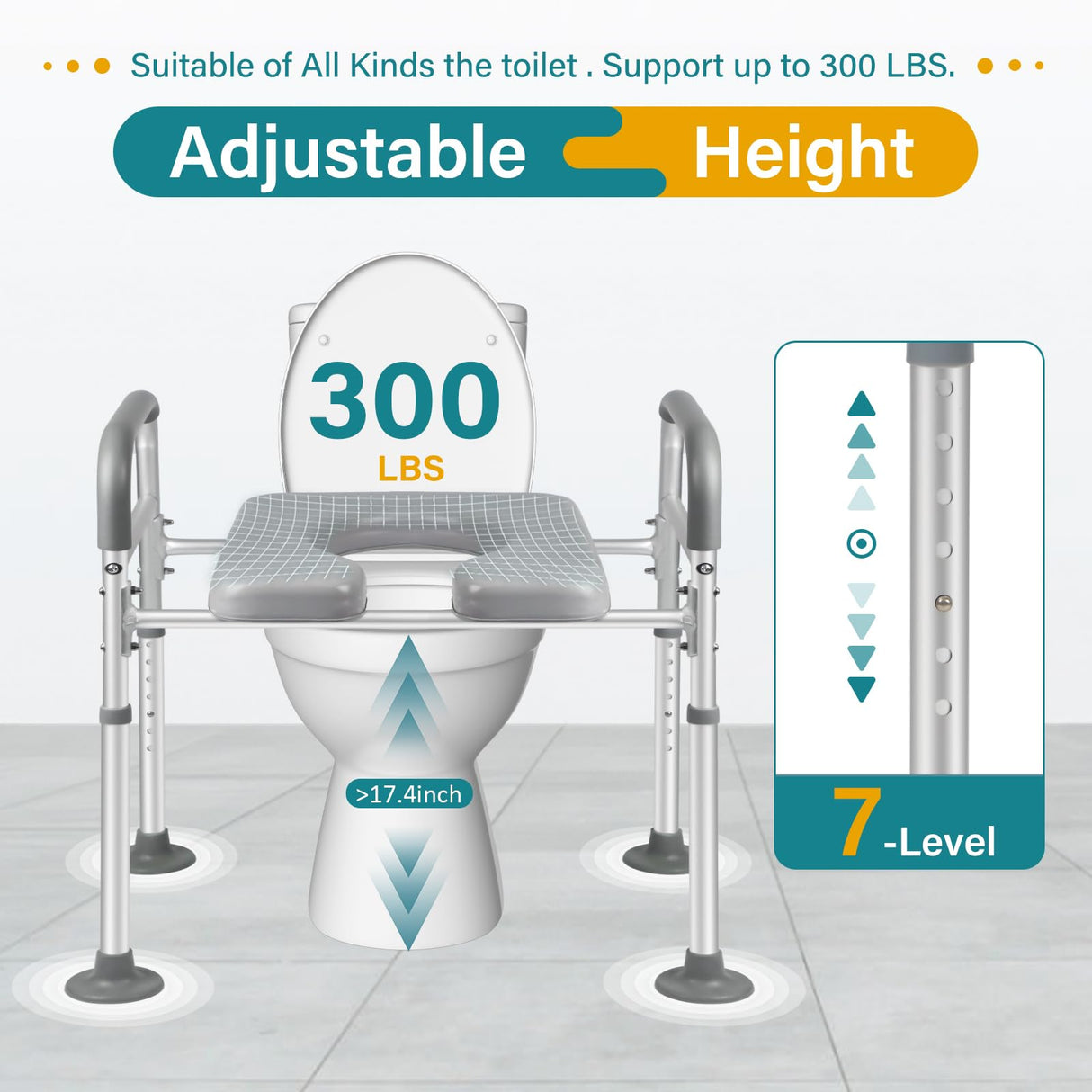 Eosprim Toilet Seat Risers for Seniors Elongated, Raised Toilet Seat with Handles, Toilet Safety Frames & Rails for Elderly and Handicap, Elevated Shower Commode Chair with Arms, Toilet Lift Grab Bar