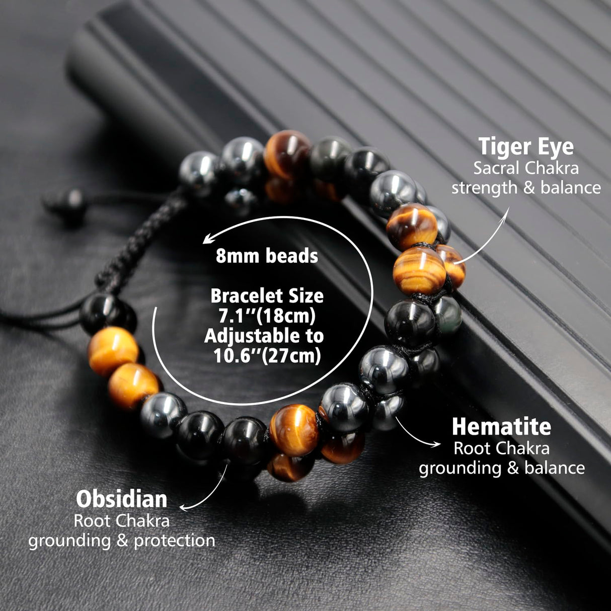 GENASTO Healing Crystals Tigers Eye Black Obsidian Hematite 8mm Stone Beads Good Luck Triple Protection Bracelet for Men Women