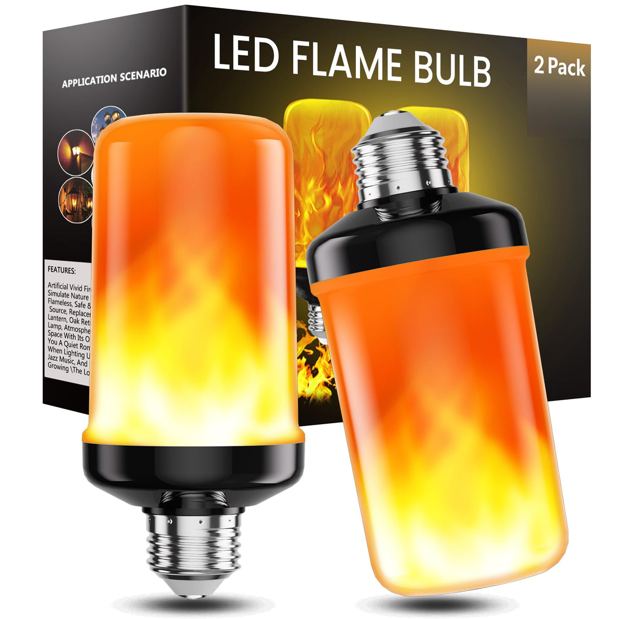 hyrion LED Flame Light Bulbs, 4 Modes Flickering Light Bulbs with Upside Down Effect, E26 Base Flame Fire Lights Bulb for Halloween Christmas Decor Porch Outdoor Indoor Home (2 Pack)