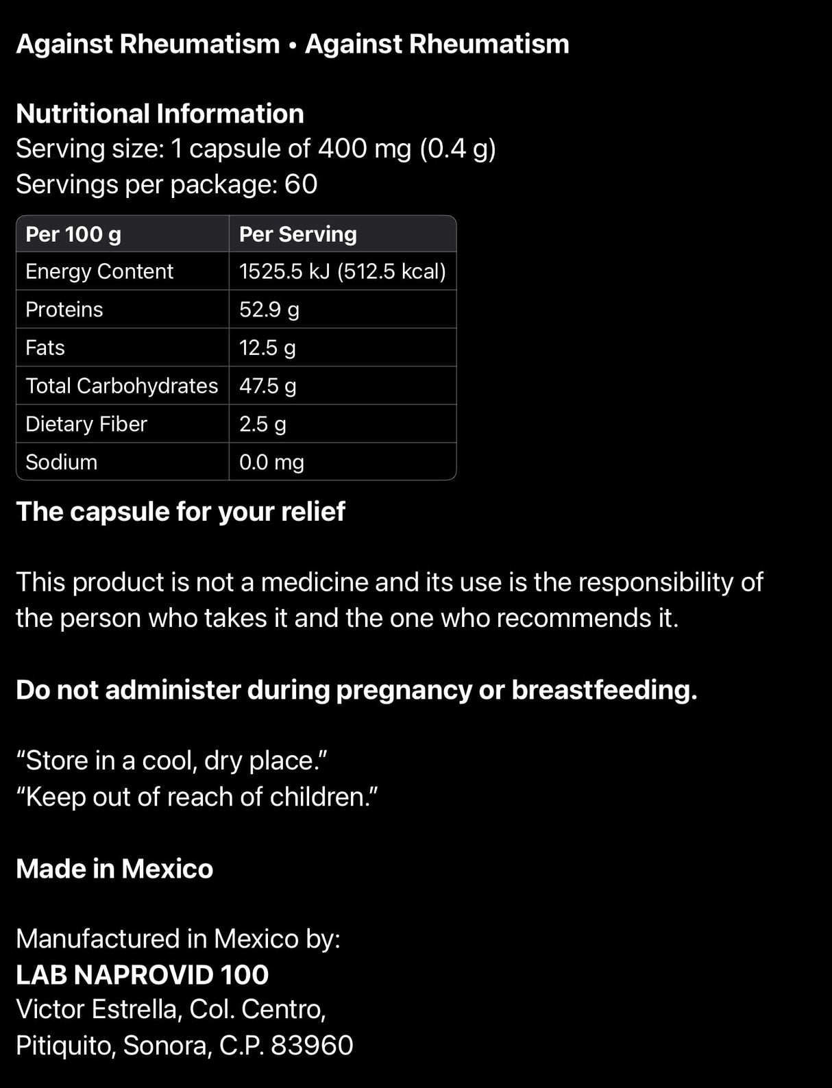 Contra Reumas 100 Capsules Dietary Supplement 100% Original