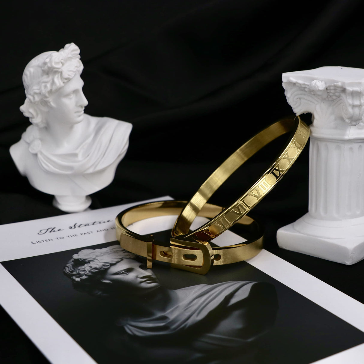 Jarlinwel Gold Silver Plated Bracelets for Men Women Roman Numeral Bangle Bracelet Stainless Steel Personalized Engraved Unisex Bangle (2 Pcs Womens Gold Bangle)