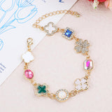 Gold Clover Charm Link Bracelet for Women Cute Colorful Geometric Diamond Mother of Pearl Lucky Four Leaf Clover Bracelet Enamel Crystal Rhinestone Statement Bracelet Adjustable Party Jewelry Gift