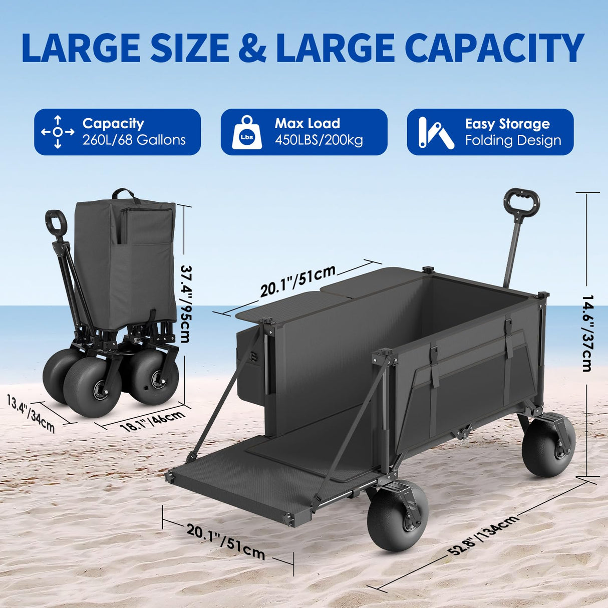 Beach Wagon with Big Wheels for Sand - 450lbs Load Heavy Duty Wagons Carts Foldable with 9" All Terrain Inflatable Tires, Collapsible Beach Cart for Grocery Shopping Garden Sports Camping Outdoor
