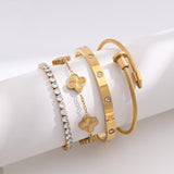 Billet-doux 18K Gold Plated Non-Tarnish Nail Love Bangle Bracelets Set For Women, Stackable Waterproof Four-Leaf Clover Adjustable Tennis Bracelet Trendy Jewelry Gifts Perfect for Her