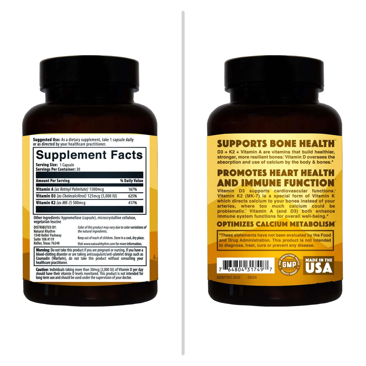 Natural Rhythm Vitamin D3 + K2 (MK7) Plus Vitamin A, for Bone, Heart, & Immune Health, 30 Capsules