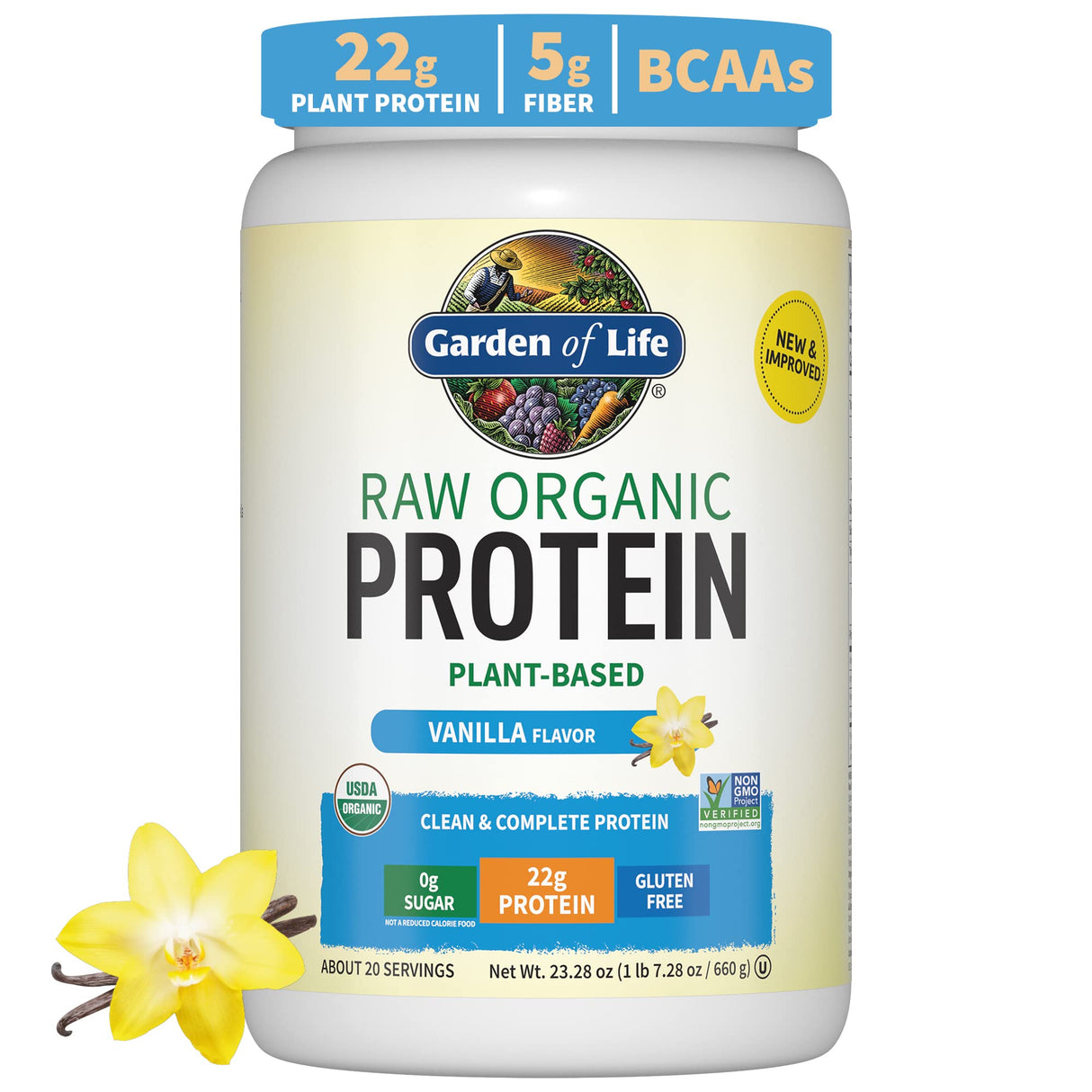 Garden of Life Protein Powder, Vegan Protein Powder, BCAA, Probiotics & Digestive Enzymes, Gluten & Lactose Free, Vanilla, 1.5 LB