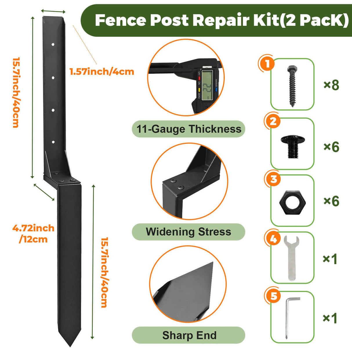 Fence Post Repair Kit, Thickened Heavy Duty Fence Post Anchor Stakes for Repair Tilted, Broken Wood Posts Support (Black, 2 Pack)