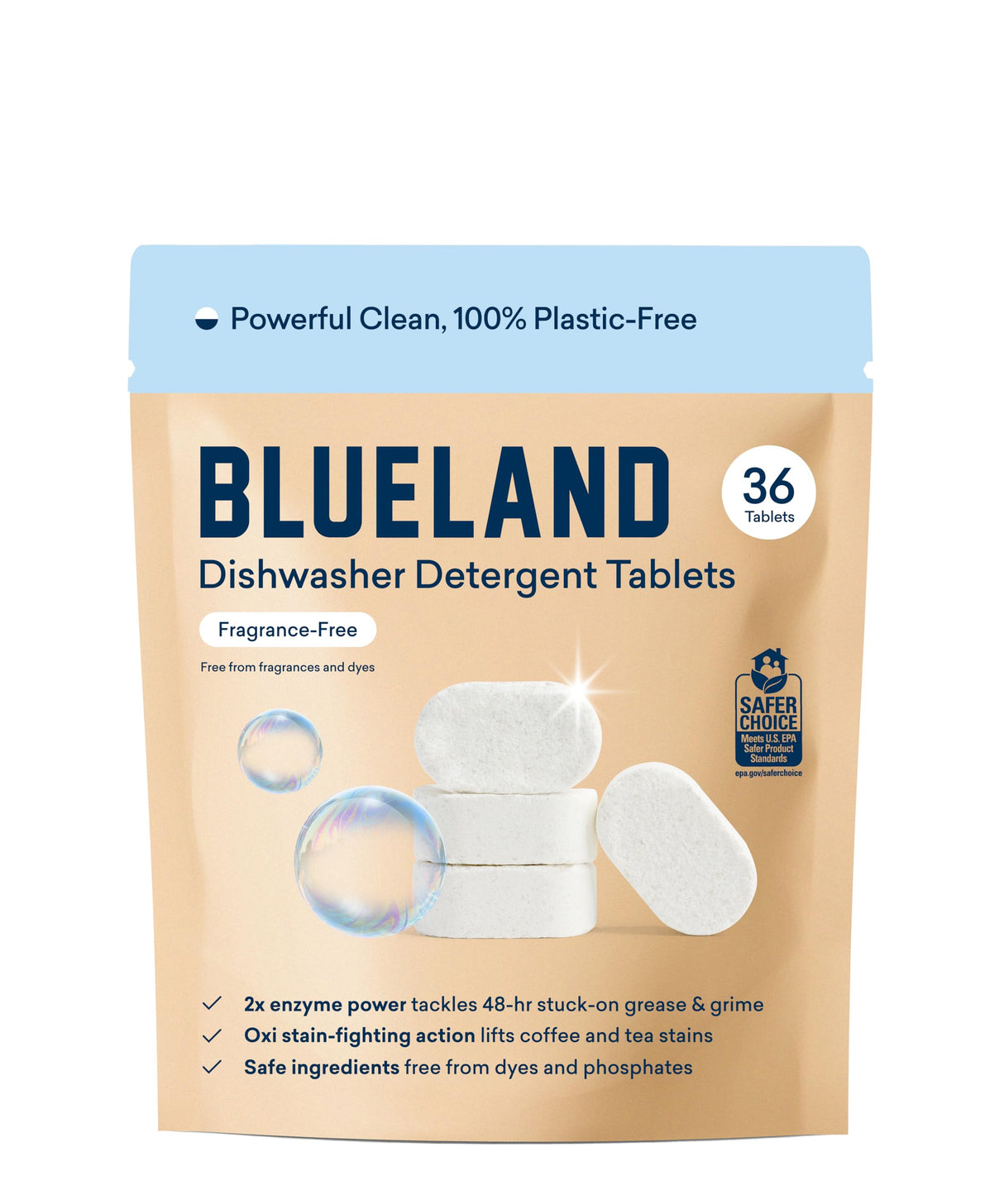 BLUELAND 100% Plastic-Free Dishwasher Detergent Tablets, 36 Count, Unscented Eco Friendly Dishwashing Pods, Natural, Sustainable