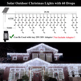 KiflyTooin Solar Christmas Lights Outdoor Waterproof Christmas Decorations Curtain Lights 320LED 29.5ft 60 Drops, Solar Powered Rechargeable Fairy Lights for Party, Wedding, Home Decorations(White)