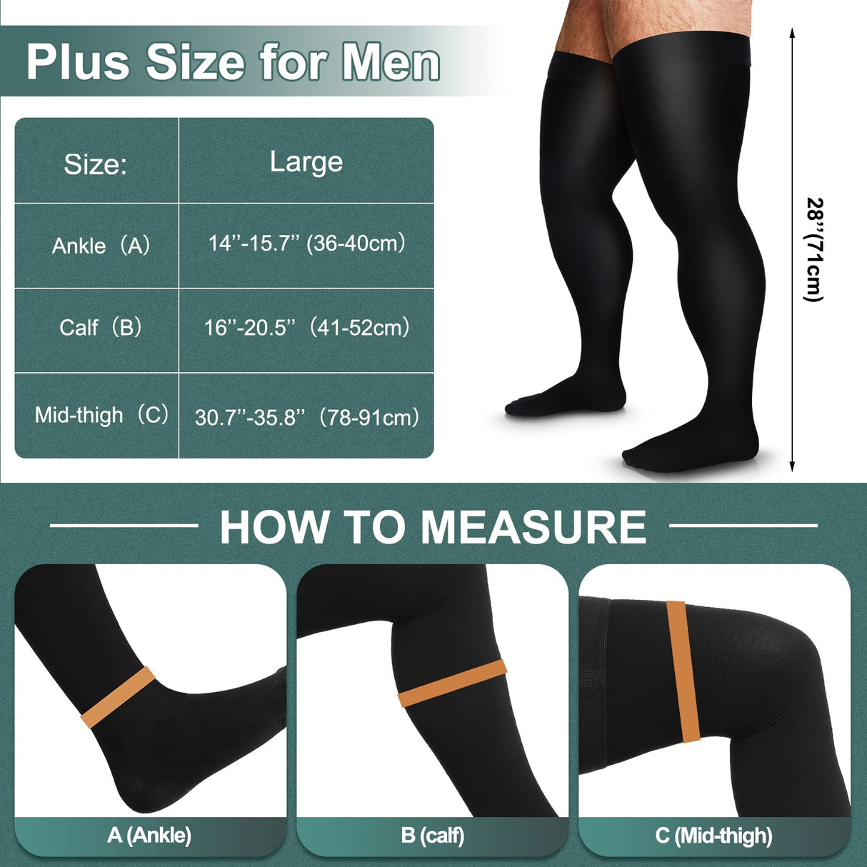 Thigh High Compression Socks 20-30 Mmhg Compression Stockings Thigh High Socks for Men Swelling (Black,XXL)