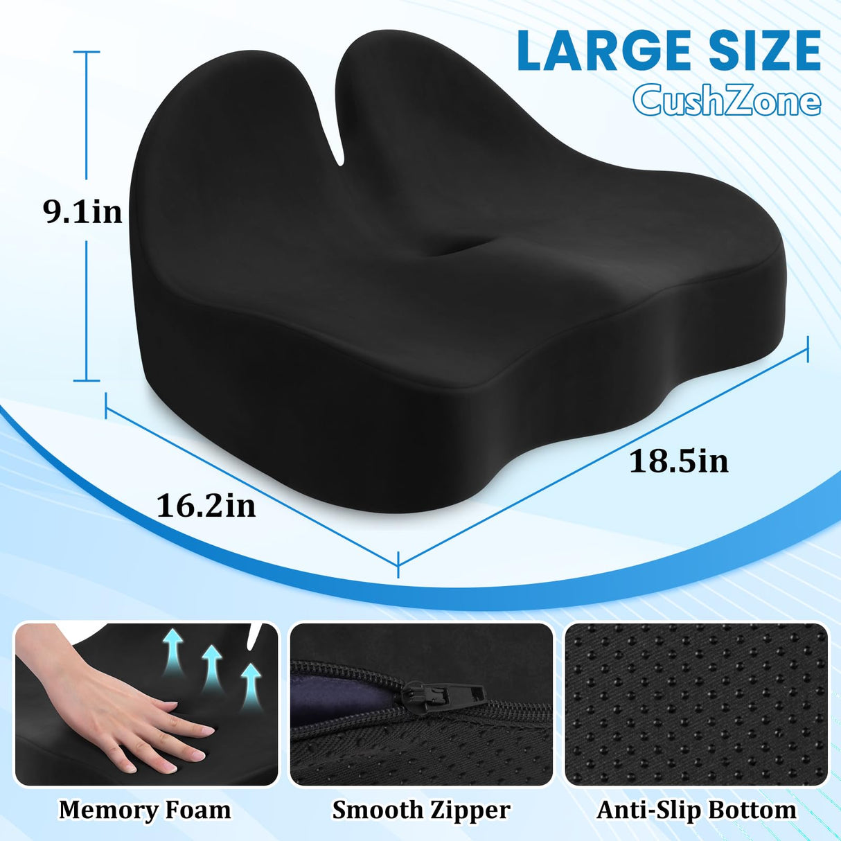 CushZone Seat Cushion, Memory Foam Office Chair Seat Cushion for Office Chairs/Car/Long Trip/Desk Chair/Gaming, Extra Large Size for Sciatica & Hip & Tailbone Pain Relief, Sciatica Support (Black)
