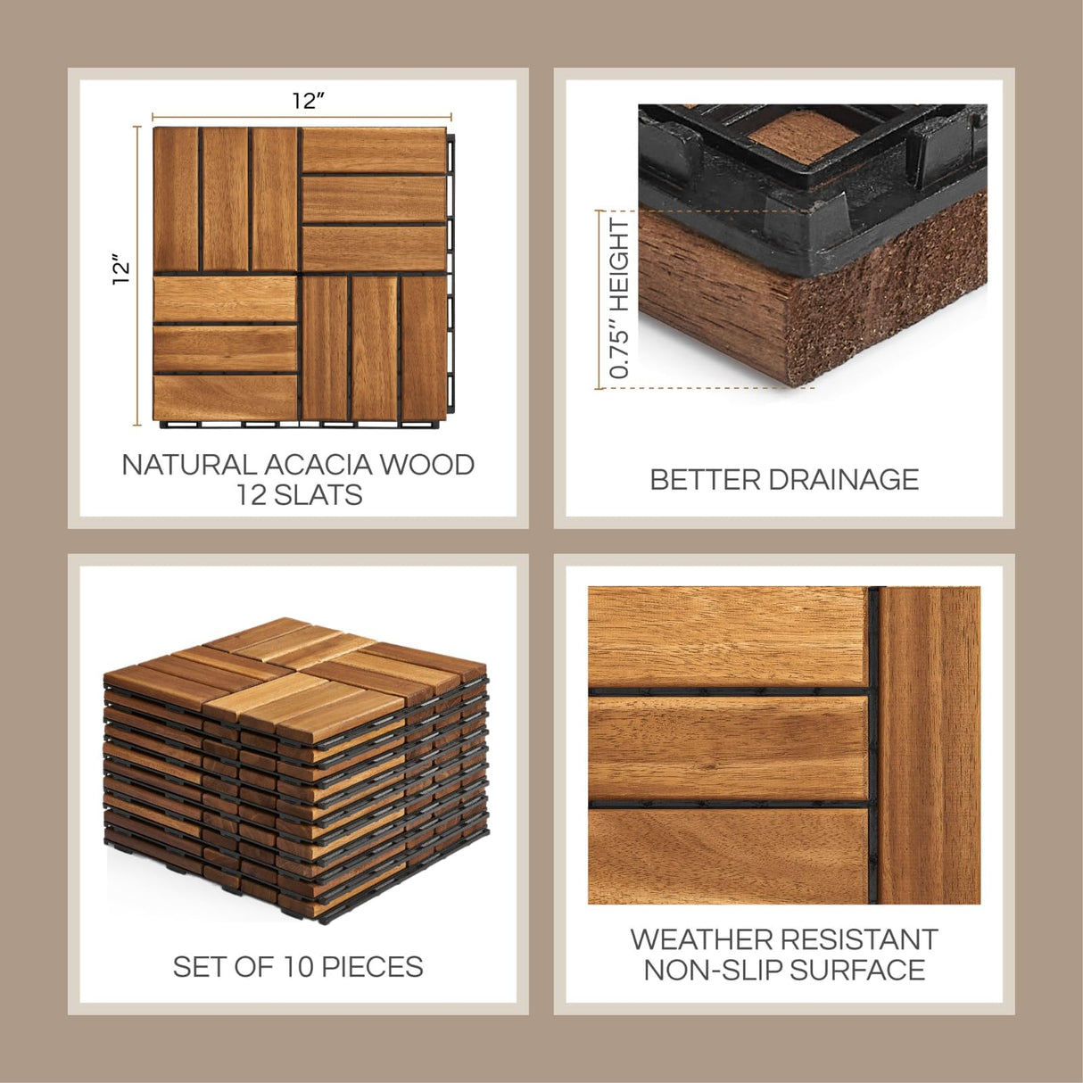 THYOI Premium Deck Tiles, Patio Flooring - Set 10 Pcs 12”x12”x0.9” Interlocking Deck Tiles, Waterproof Acacia Wood for Balcony, Backyard, Indoor & Outdoor (Golden Teak, Crossed Pattern, Square Joints)