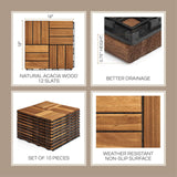 THYOI Premium Deck Tiles, Patio Flooring - Set 10 Pcs 12”x12”x0.9” Interlocking Deck Tiles, Waterproof Acacia Wood for Balcony, Backyard, Indoor & Outdoor (Golden Teak, Crossed Pattern, Square Joints)