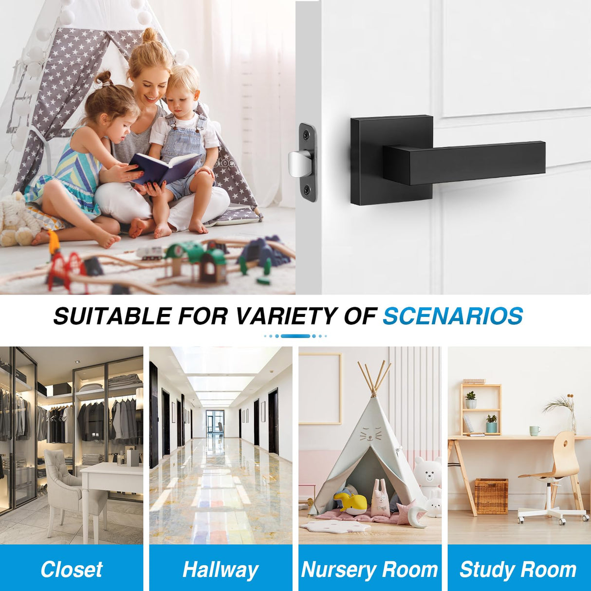 Plustool 4 Pack Black Door Handles Interior, Passage Door Levers for Hallway&Closet, Interior Closet Door Knobs Heavy Duty Square Non-Locking Handlesets(2.0lb), Reversible for Left&Right Sided Doors