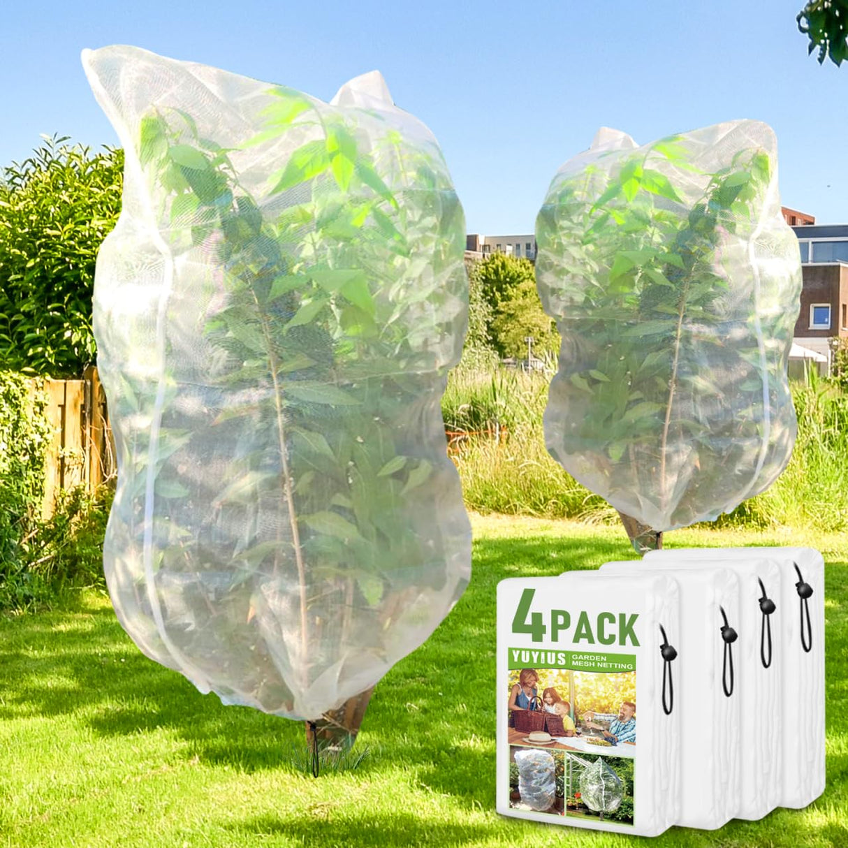 YUYIUS Fruit Tree Netting, Plant Mesh Netting for Garden Protection, Blueberry Bush Insect Netting Cover as Garden Pest Barrier from Cicadas, Bug, Bird (3.3x4.9 FT, 4Pcs, with Drawstring Design)
