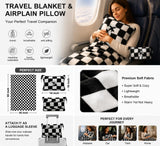Travel Blanket and Pillow Compact, Premium Soft 2 in 1 Airplane Blanket with Soft Bag Pillowcase，Hand Luggage Sleeve and Backpack Clip (Checkered Black)