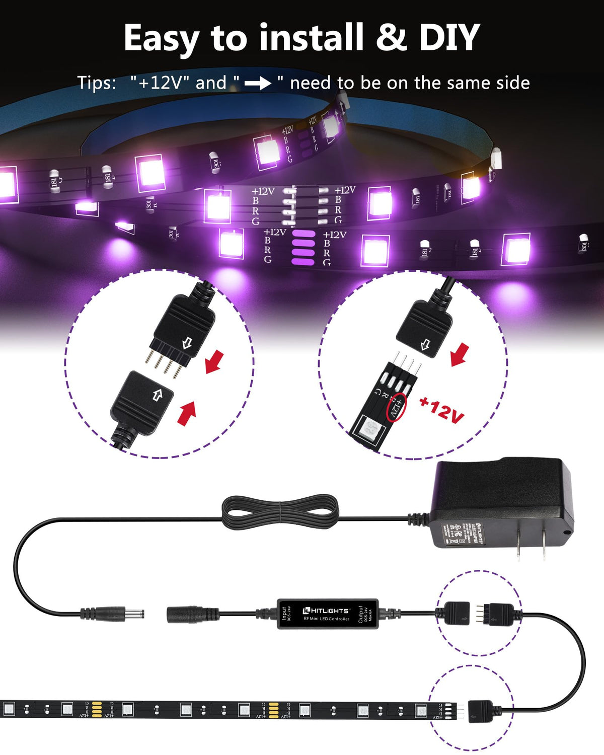HitLights LED Strip Lights, Small LED Light Strips Dimmable, RGB 5050 ...