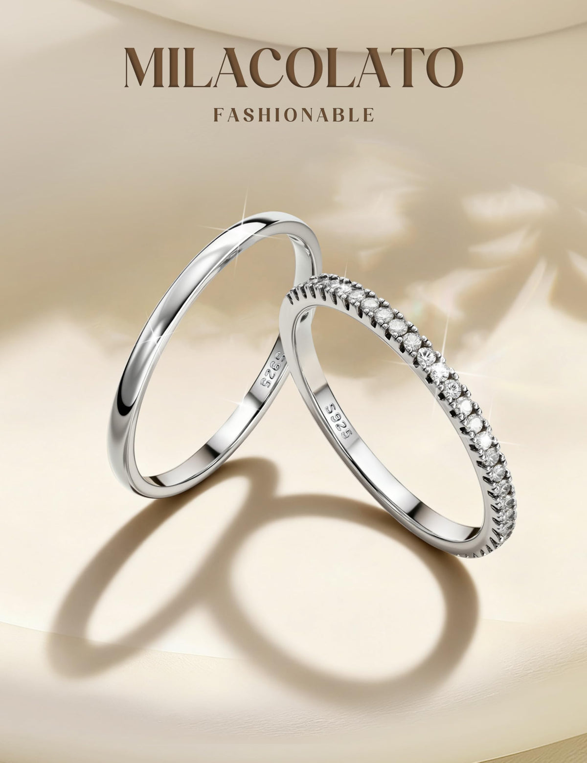 MILACOLATO 2Pcs S925 Sterling Silver Rings for Women Non Tarnish S7