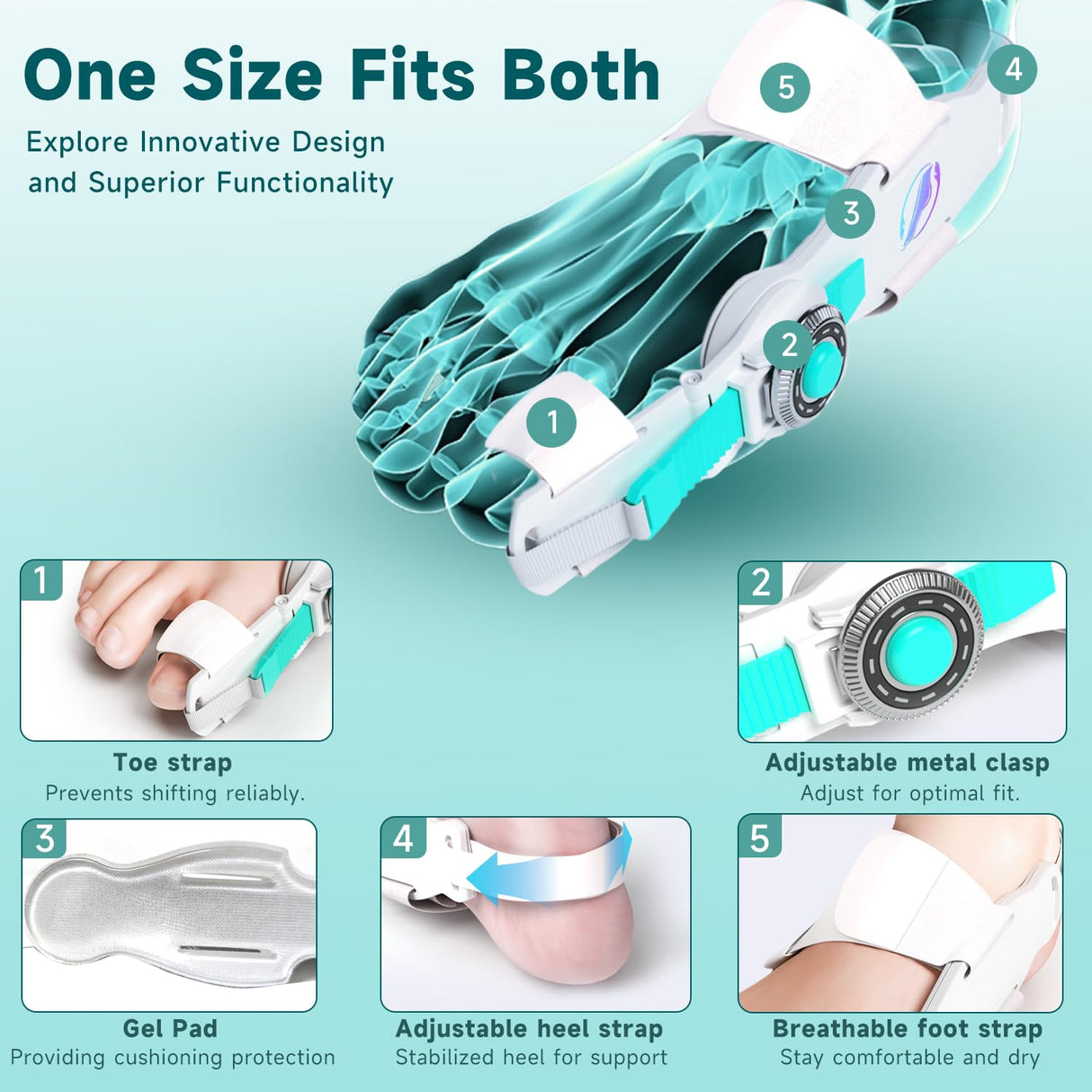 HUQKIYA Bunion Corrector for Women & Men, Orthopedic Bunion Splint with Toe Separator Adjustable Toe Straightener Suitable for Left/Right Feet Hallux Valgus Relief (White 1Pcs)