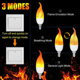 Venforze E12 6 Pack 3 Mode LED Candelabra Flame Light Bulbs, 1.2W Warm White, 1800k Candle Light, Flame Tip for Christmas Party Decorations
