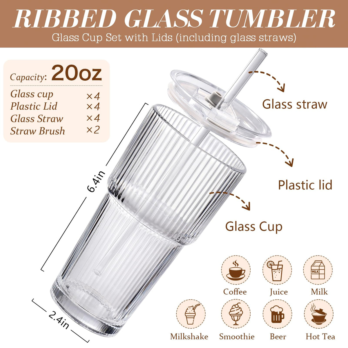 Iced Coffee Cups with Lids,Glass Cups with Lids and Straws,4 Coffee Tumbler