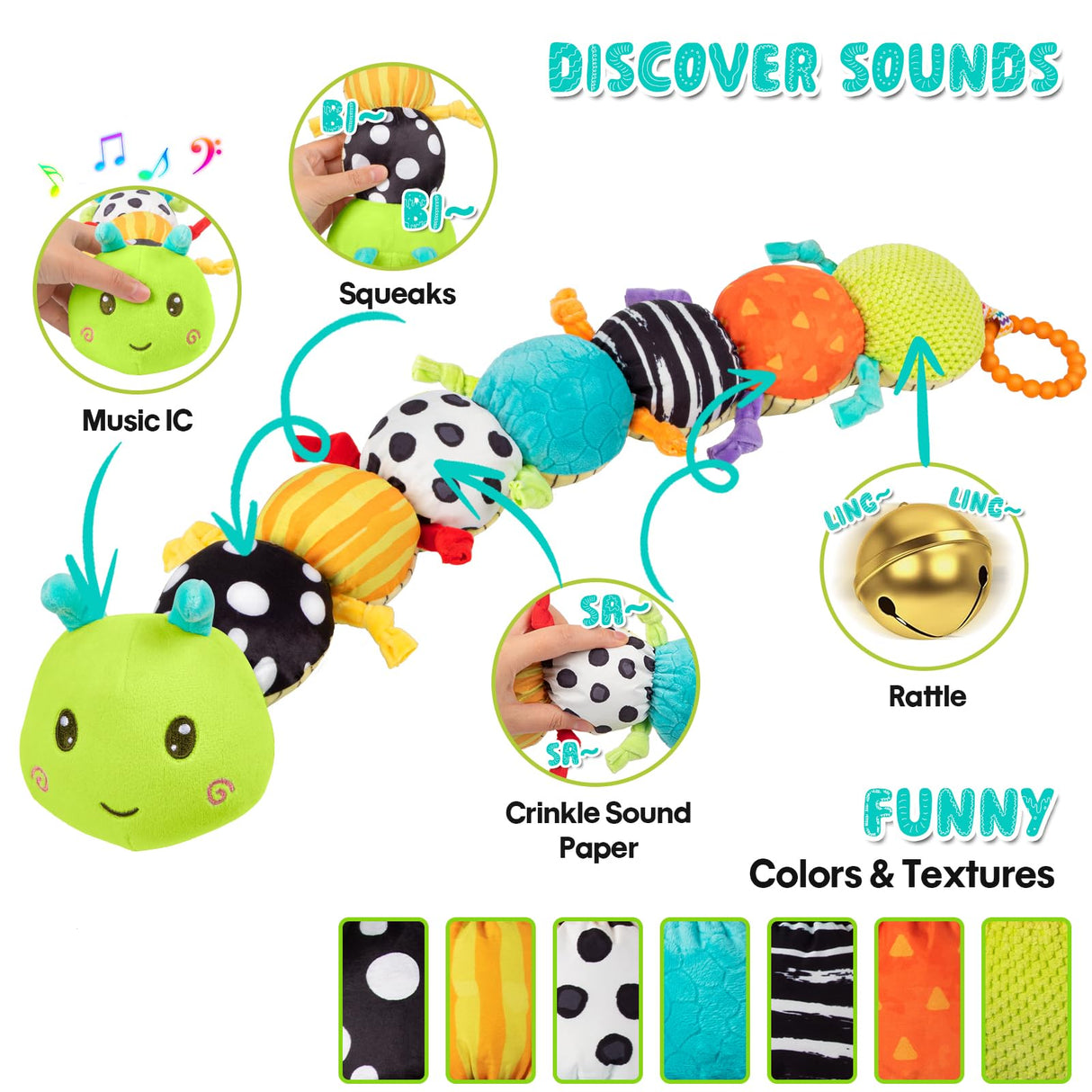 Baby Stuffed Animal Toys for 0-6 6-12 Months, Baby Musical Caterpillar Tummy Time Toys for Babies 3 6 9 12 18 Months, Newborn Infant Sensory Toys Christmas Gifts Stocking Stuffers