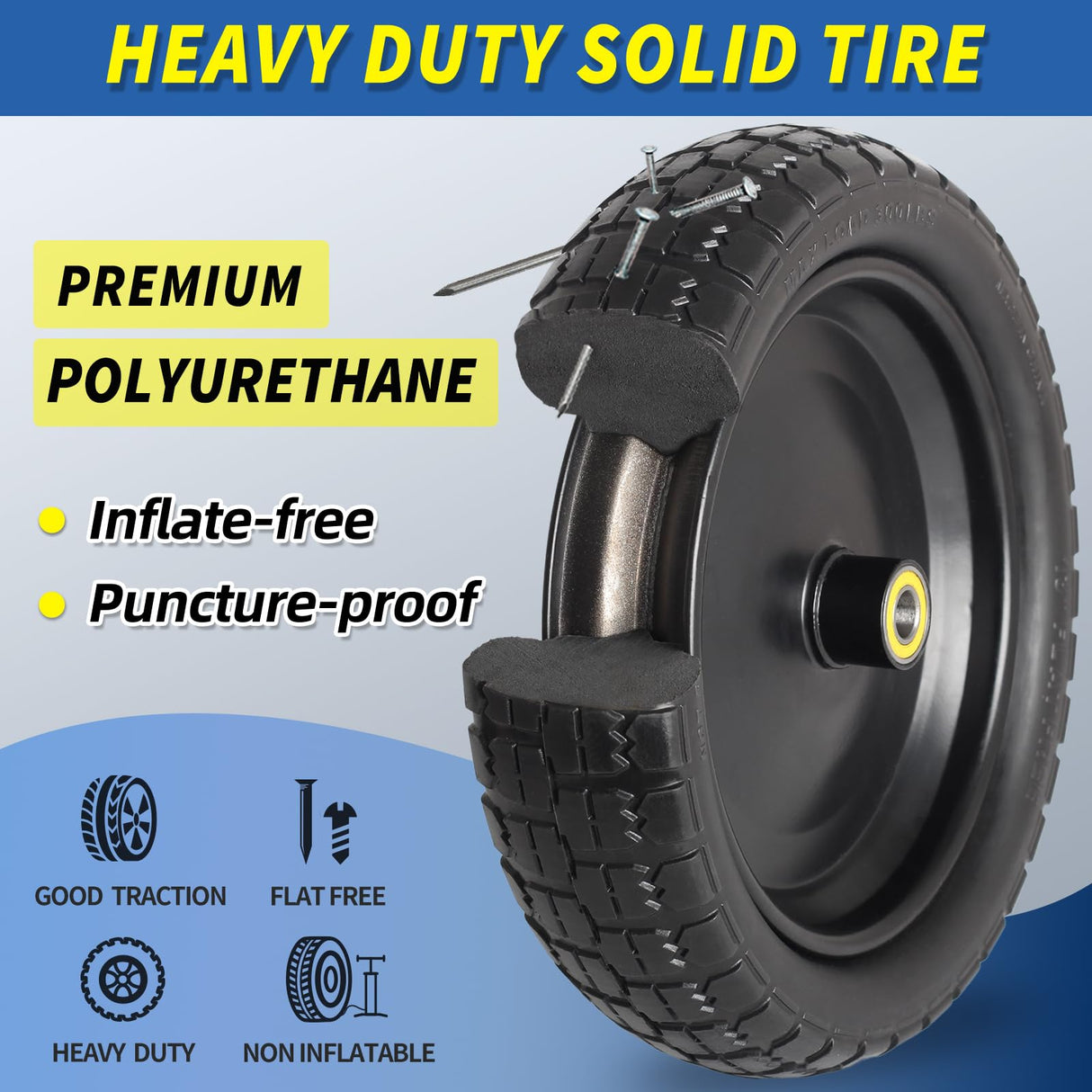 4.00-6 Flat-free Solid Tire and Wheel Replacement, 13" Wheelbarrow Tires with 5/8" Axle Bore Hole, 2.2" Offset Hub for Wheelbarrow Garden Wagon Trolley Dolly (4-pcs)