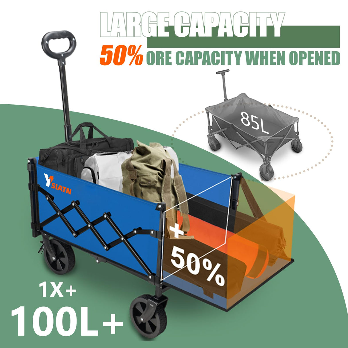 YSIATN Collapsible Folding Wagon Cart with Tailgate - 300lbs Heavy Duty Foldable Utility Wagon and Brake Wheels - 100L Lightweight Grocery Wagons for Shopping Camping Sports Garden, Blue