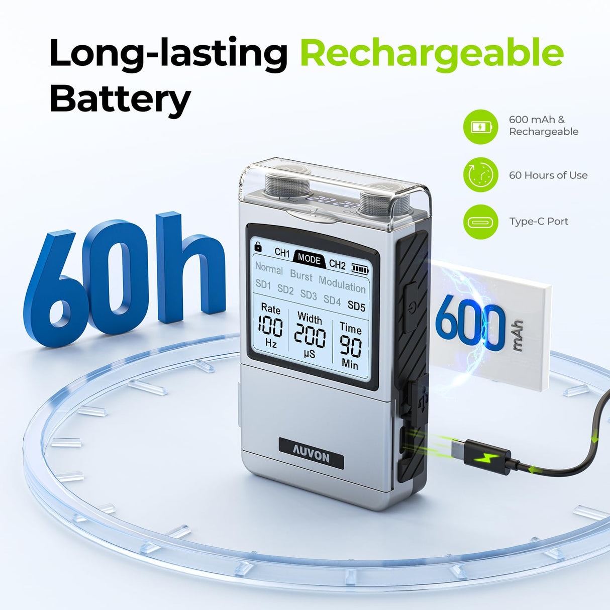 AUVON Rechargeable TENS Unit Muscle Stimulator, FSA HSA Eligible, Digital TENS Machine with 8 Customizable Modes, Electronic Massager for Sciatica, Shoulder & Back Pain Relief, 12 Pads, A Carry Case